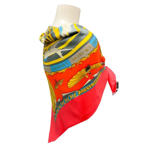 Hermes Red Multi Reves d’Espace Aircraft Print Square Silk Twill Scarf - Picture 3 of 10